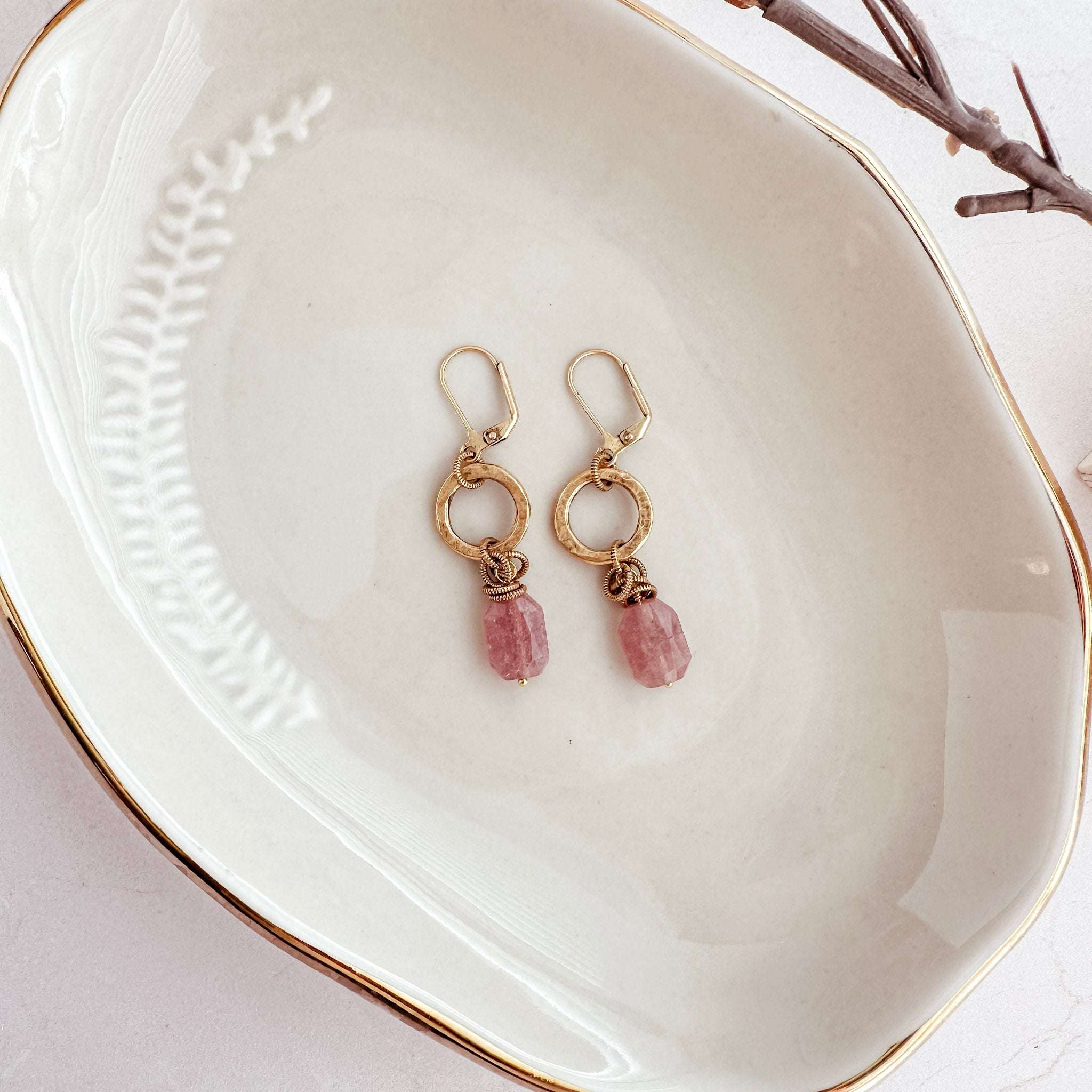 Strawberry Quartz Hammered Circle Earrings