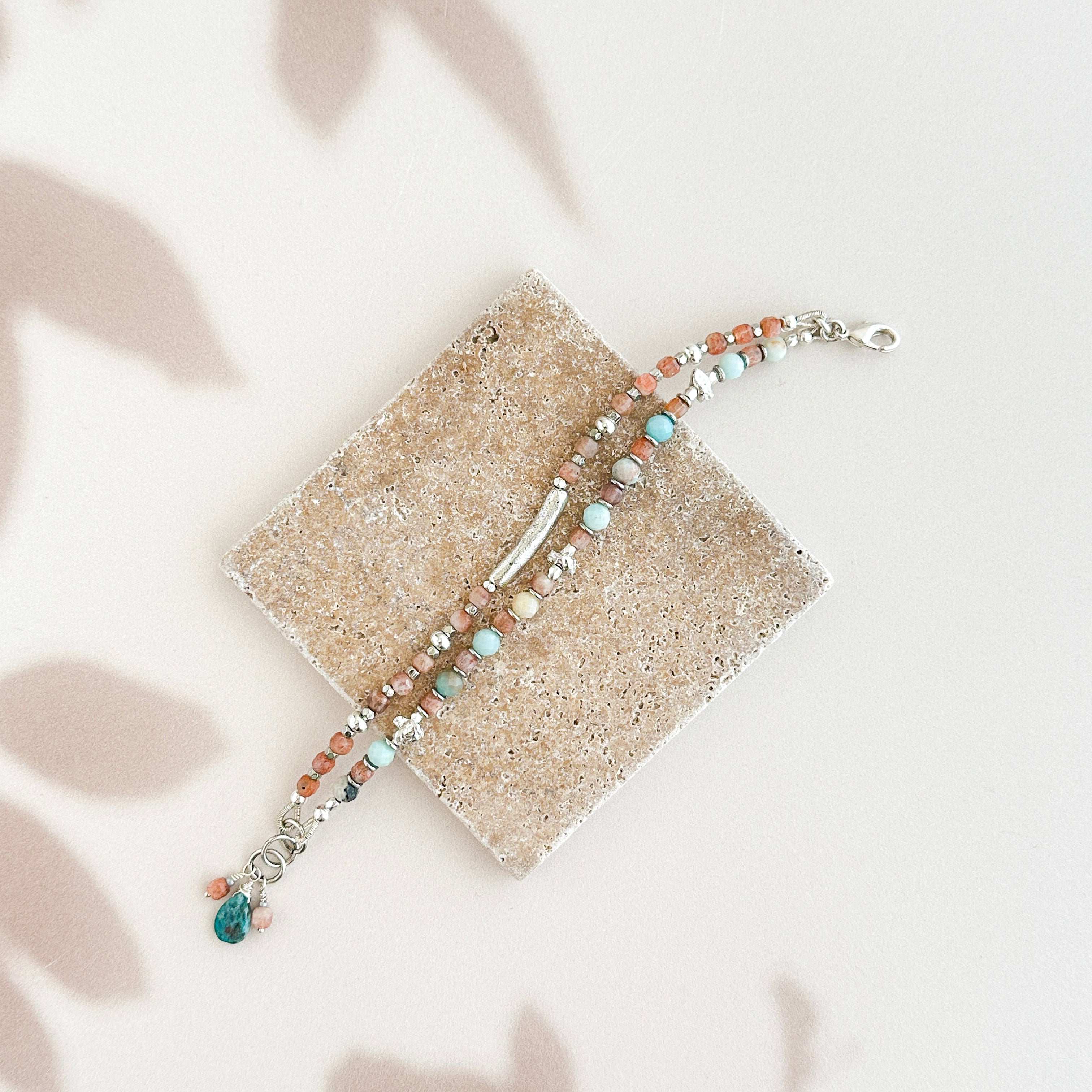 Black Gold Amazonite and Sunstone Double Strand Silver Bracelet