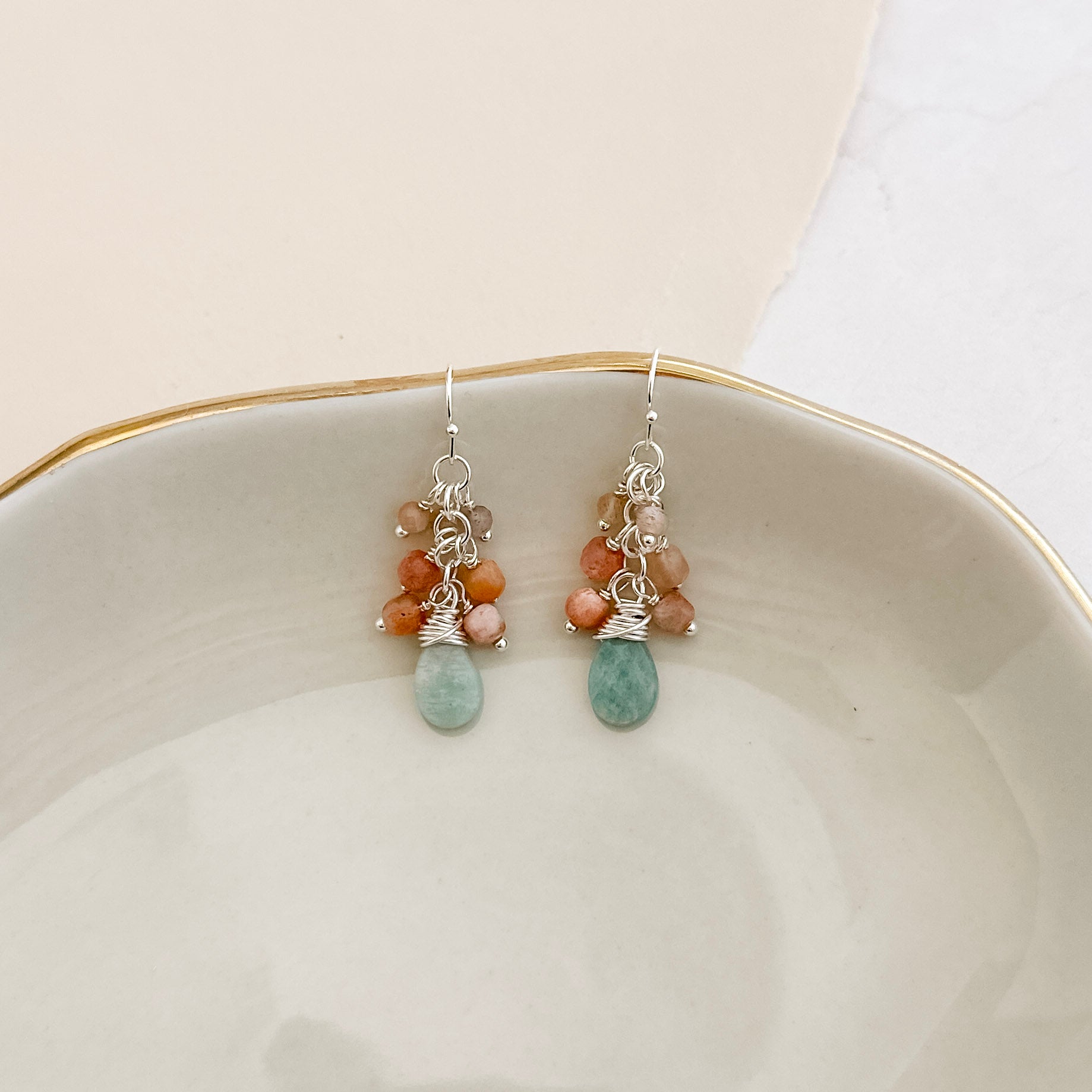 Amazonite and Sunstone Cluster Earrings