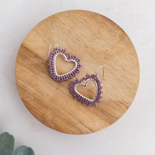 Lavender and Silver Heart Beaded Earring