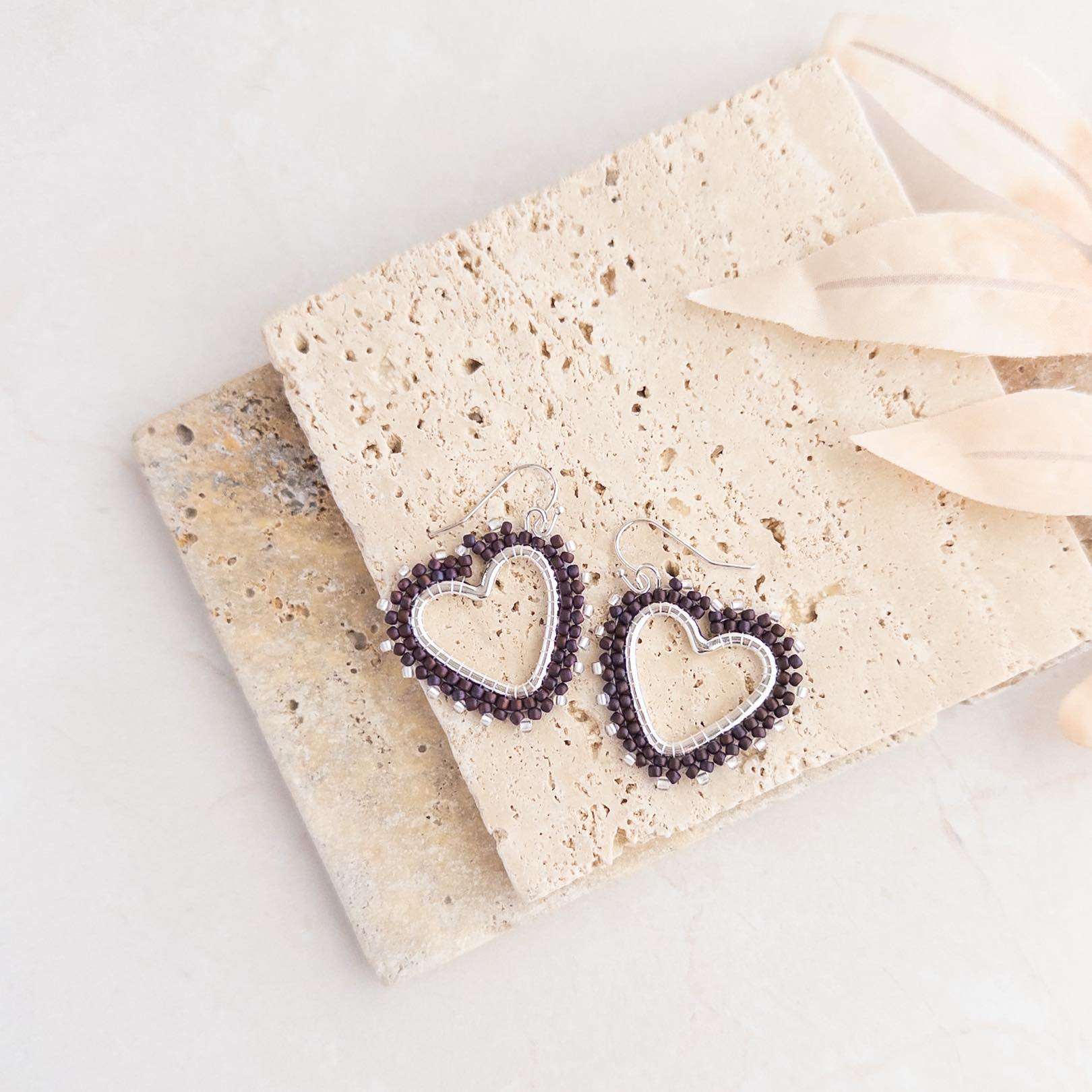 Purple and Silver Beaded Heart Earrings