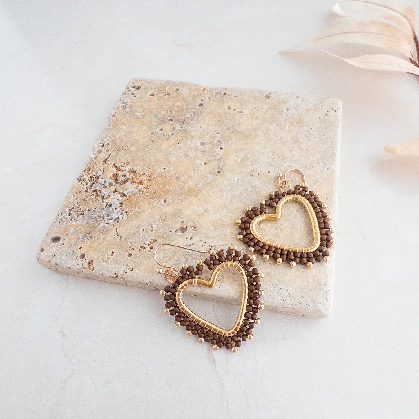 Chocolate Brown and Gold Beaded Heart Earrings