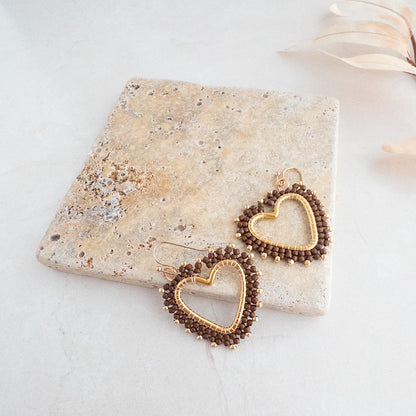 Chocolate Brown and Gold Beaded Heart Earrings