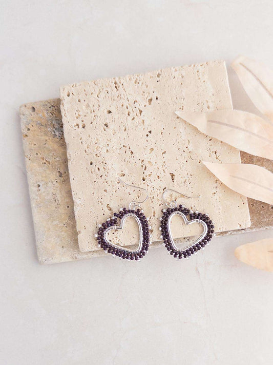 Purple and Silver Beaded Heart Earrings