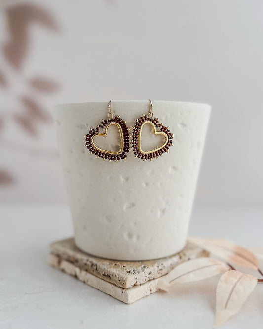 Chocolate Brown and Gold Beaded Heart Earrings