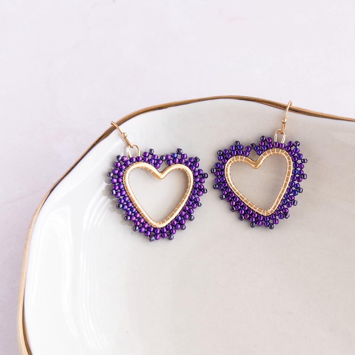 Vibrant Purple Beaded Stitch Heart Earrings