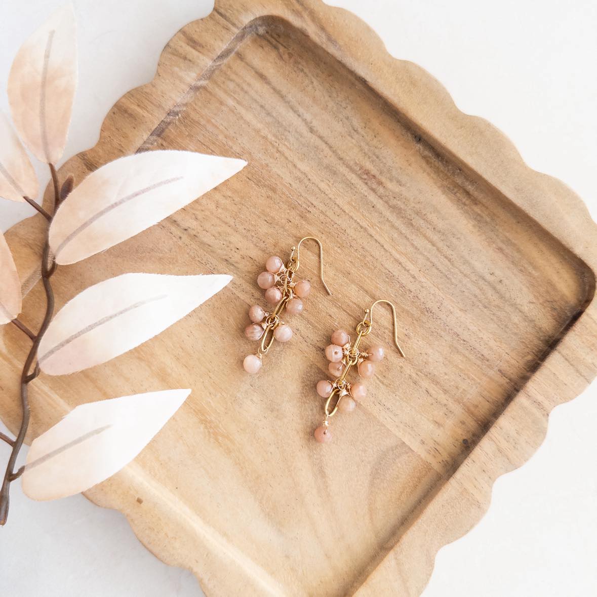 Peach Moonstone Tear Drop Gold Dangle Earrings