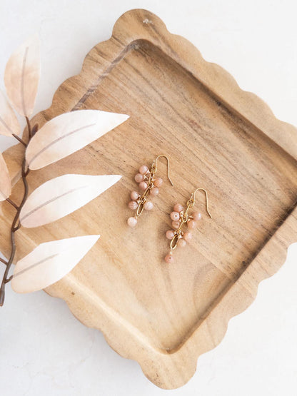 Peach Moonstone Tear Drop Gold Dangle Earrings