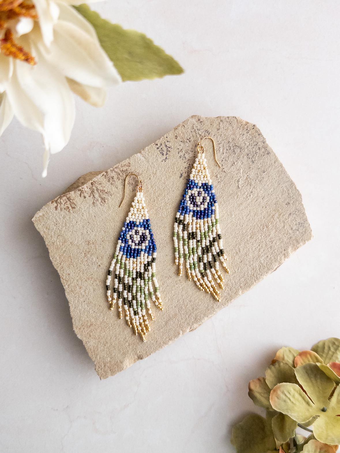 Rainbow Blue Pansy Beaded Fringe Earrings