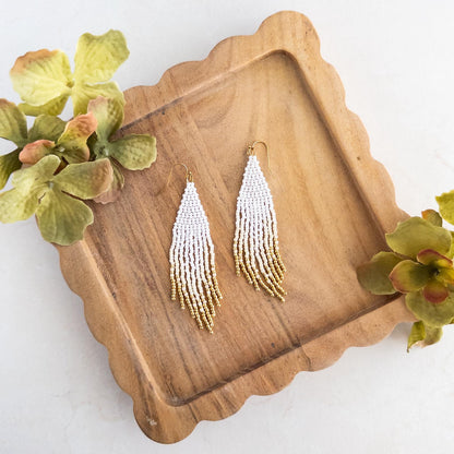 White Cream and Gold Beaded Fringe Earrings