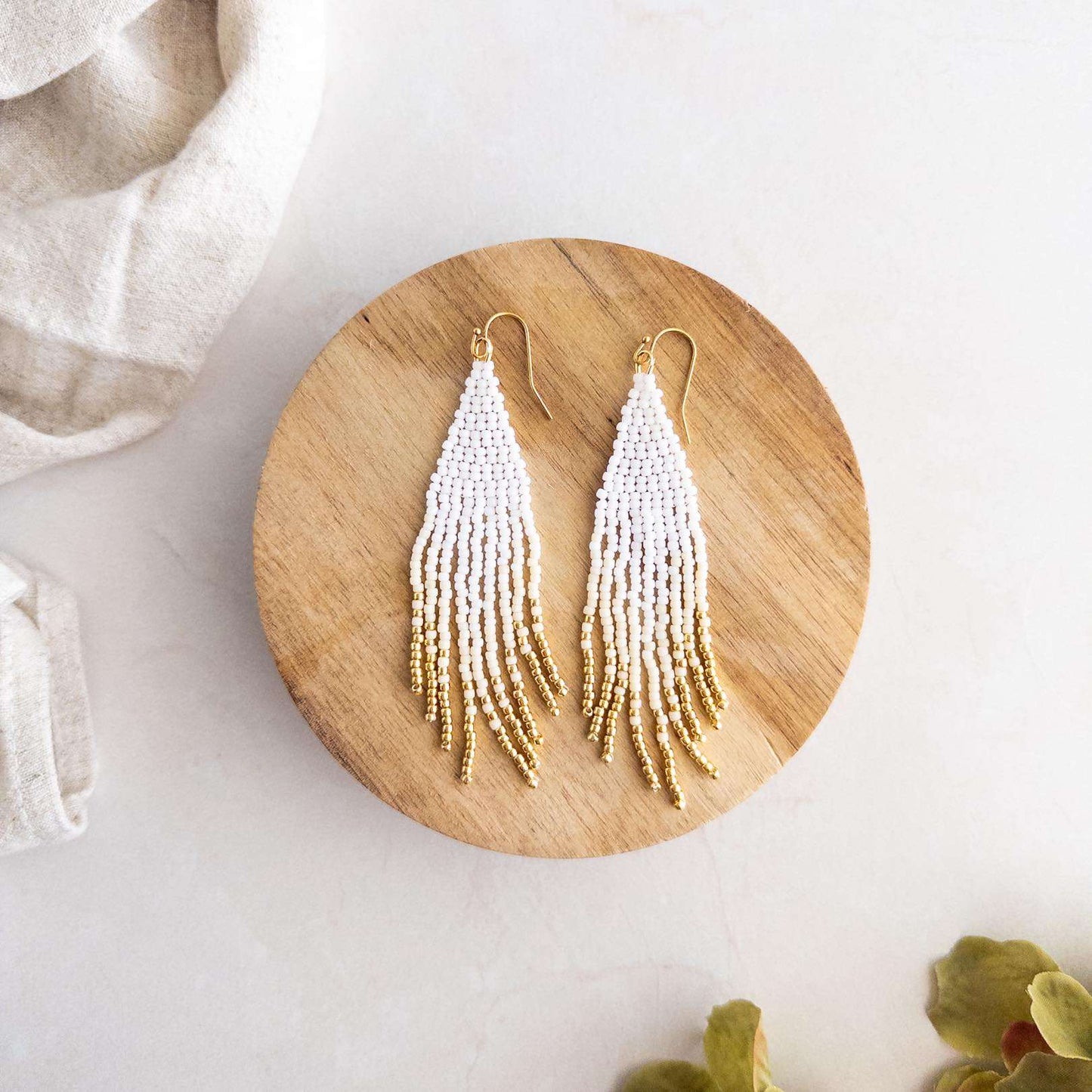 White Cream and Gold Beaded Fringe Earrings