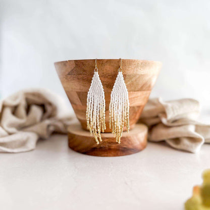 White Cream and Gold Beaded Fringe Earrings