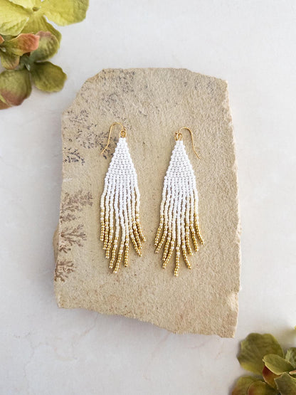 White Cream and Gold Beaded Fringe Earrings