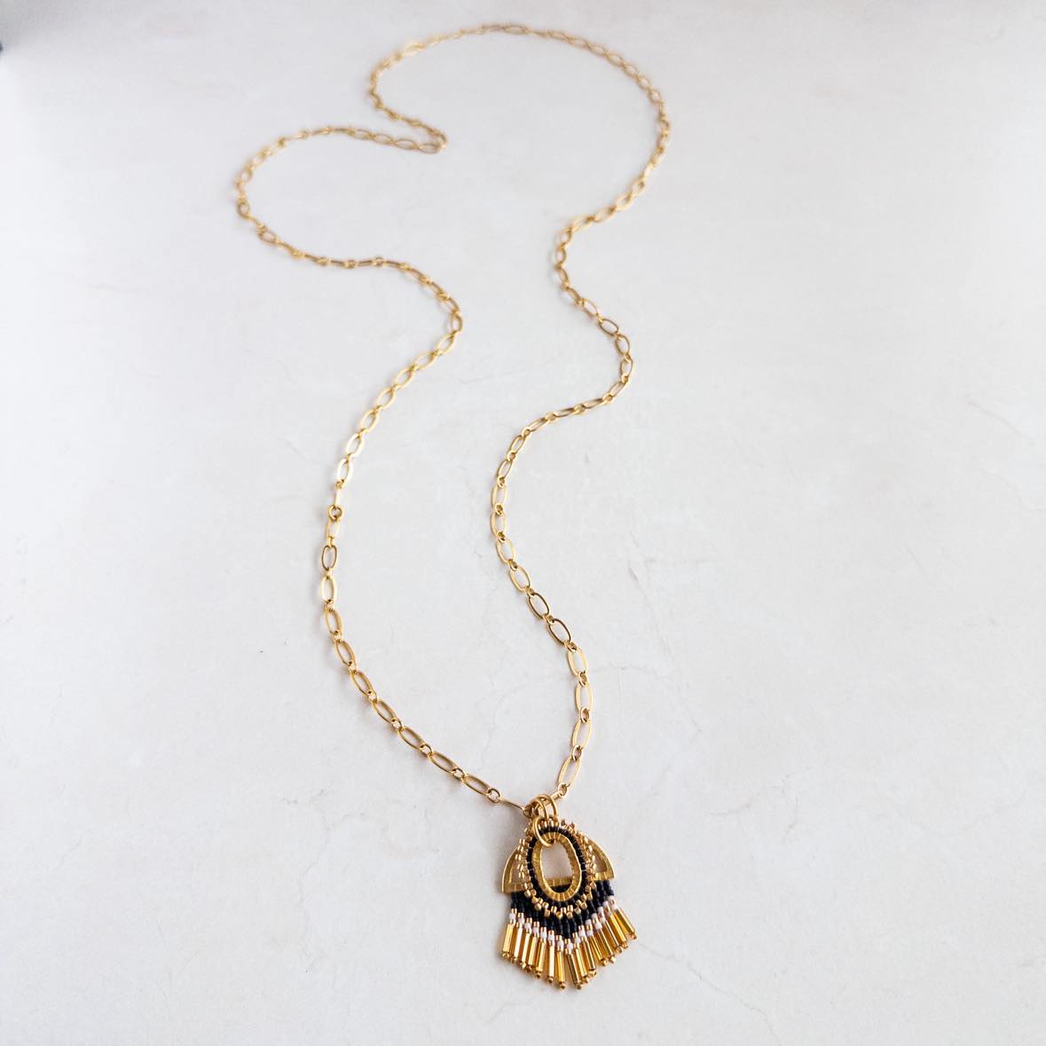 Beaded Black Fringe Convertible Chain Link Necklace