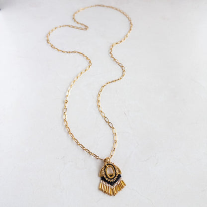 Beaded Black Fringe Convertible Chain Link Necklace