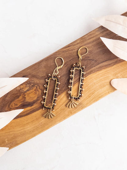 Chocolate Brown Rectangular Beaded Earrings