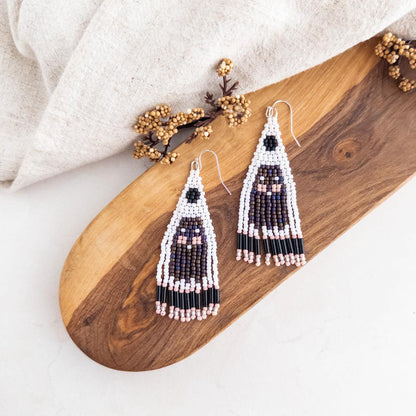 White & Black Large Ghost Beaded Fringe Earrings