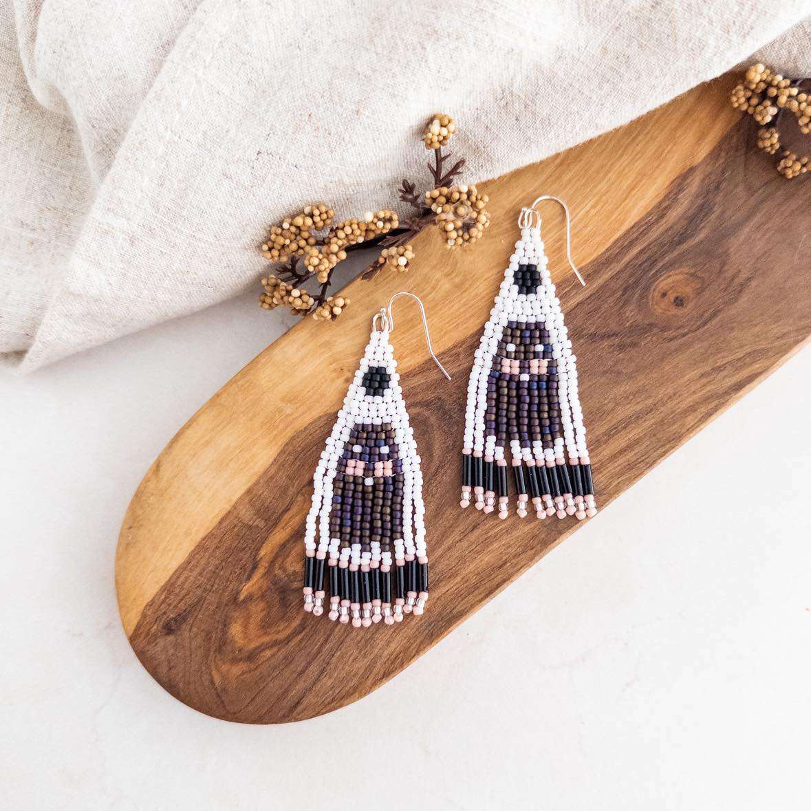 White & Black Large Ghost Beaded Fringe Earrings