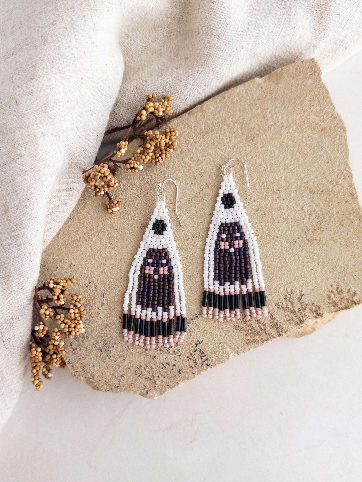 White & Black Large Ghost Beaded Fringe Earrings