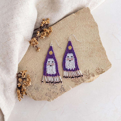 Purple & White Large Ghost Beaded Fringe Earrings!