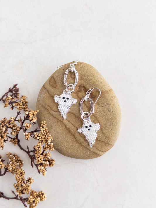 Cute White & Gold Halloween Ghost Charm Earrings