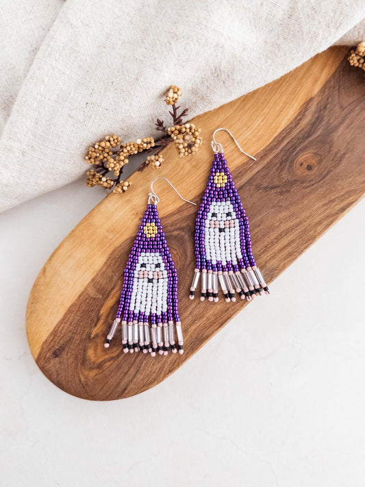 Purple & White Large Ghost Beaded Fringe Earrings!