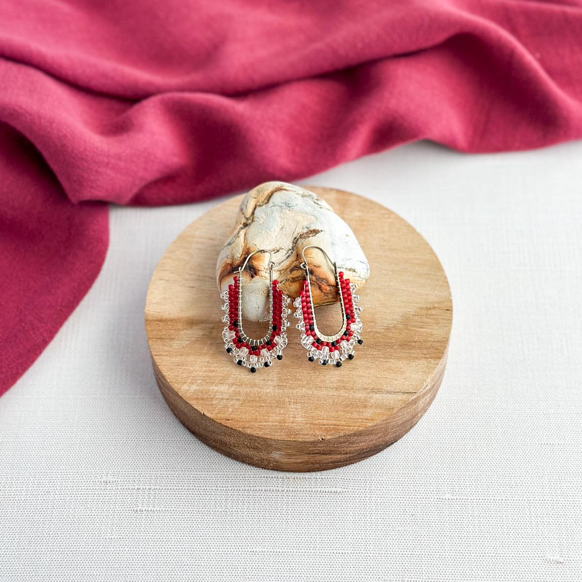 Red Crystal Filigree Drop Hoop Beaded Earring