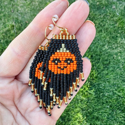 Spooky Pumpkin Beaded Fringe Earrings