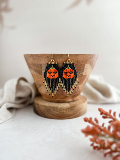 Spooky Pumpkin Beaded Fringe Earrings