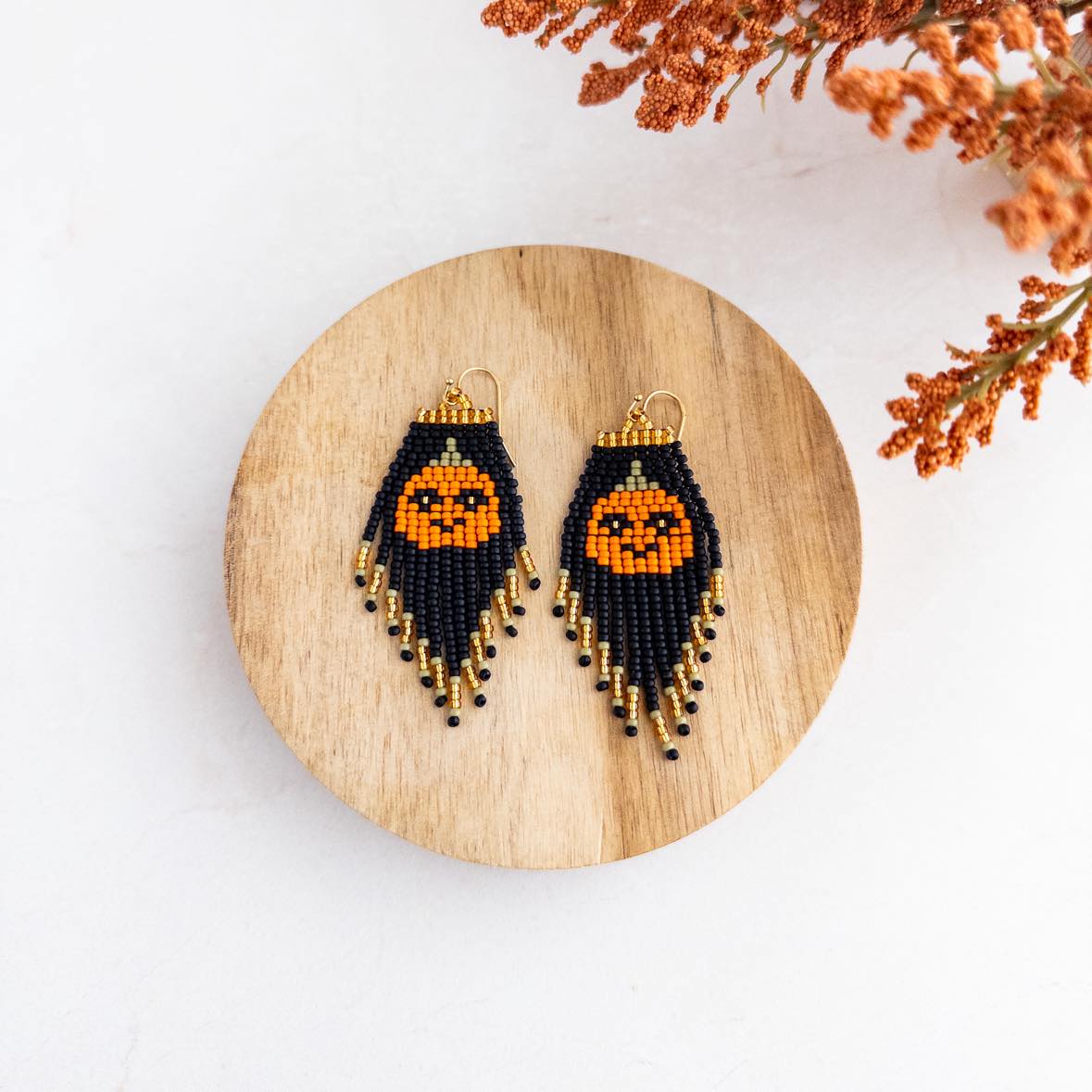 Spooky Pumpkin Beaded Fringe Earrings