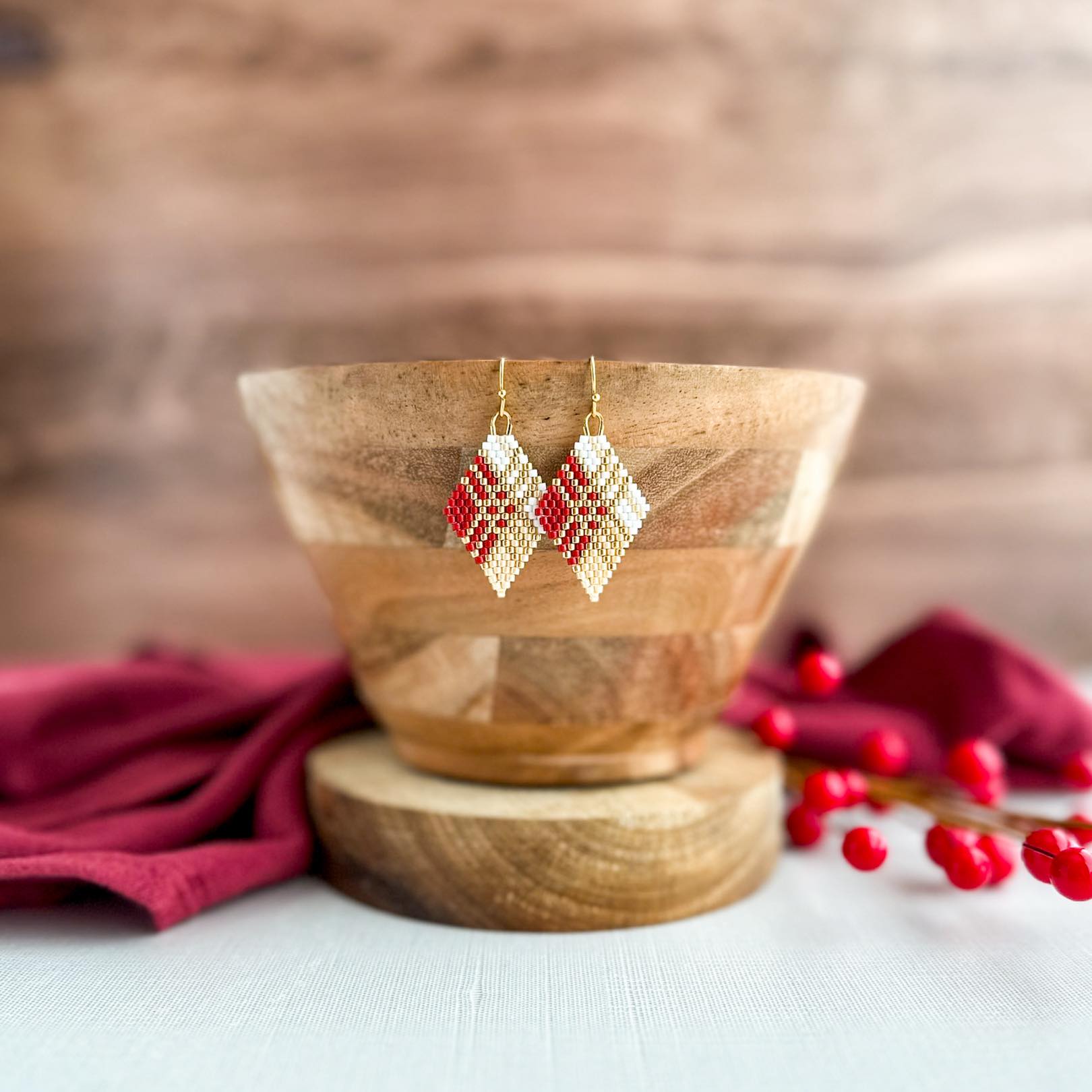 Red and Gold Plaid Diamond Earrings
