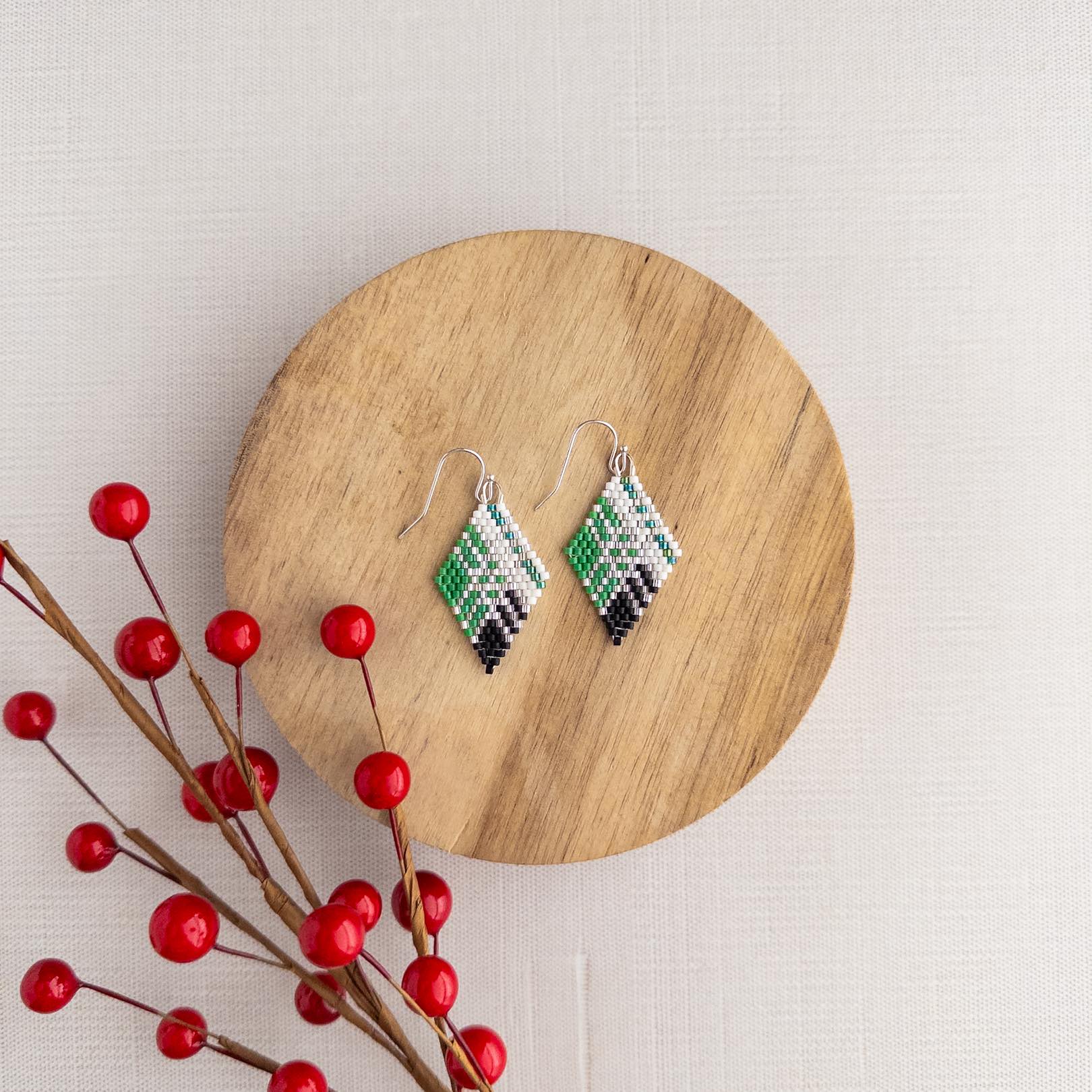 Green and White Plaid Diamond Earrings