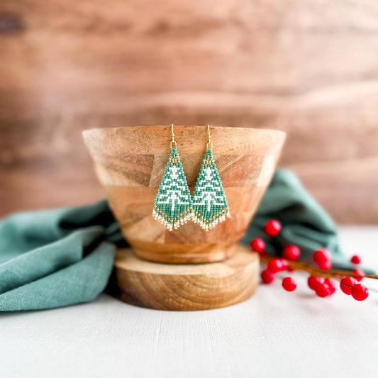 Festive Green Tree Fringe Earrings.