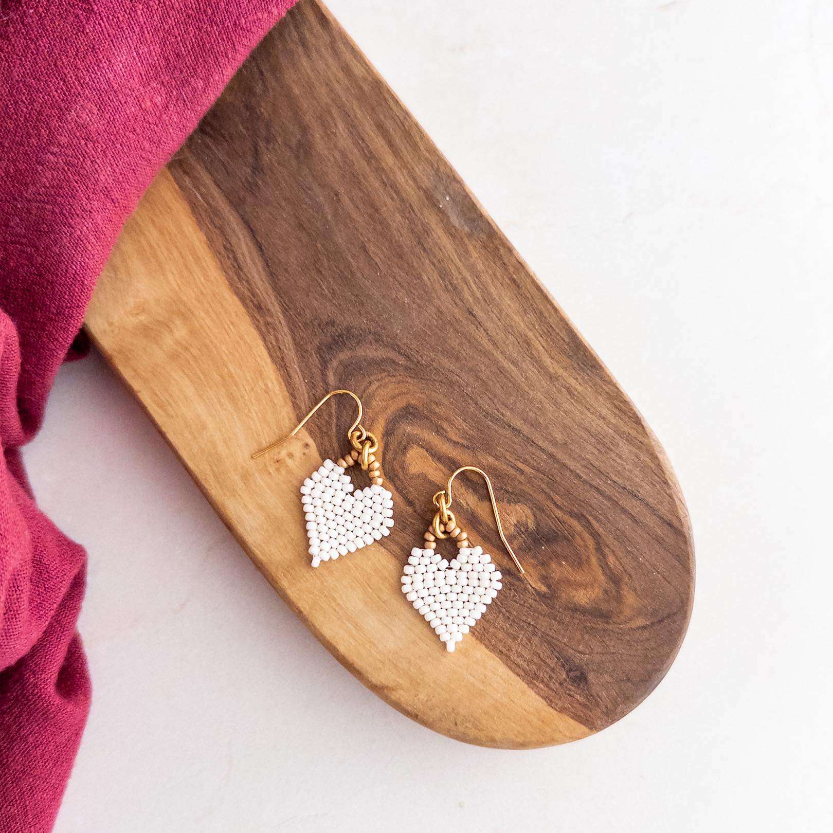 Chantilly White Beaded Heart Earrings