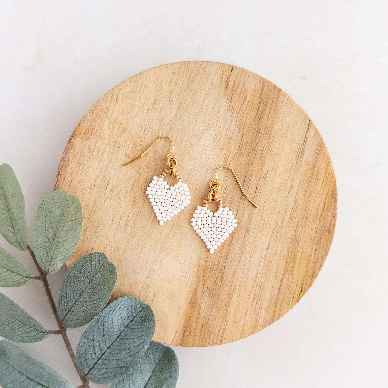 Chantilly White Beaded Heart Earrings