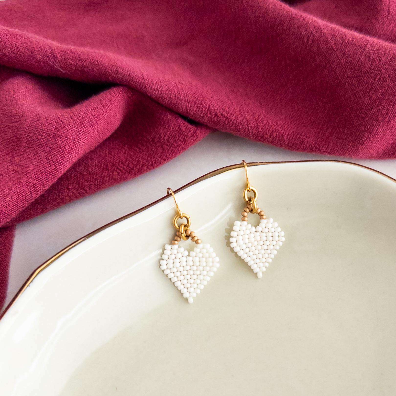 Chantilly White Beaded Heart Earrings
