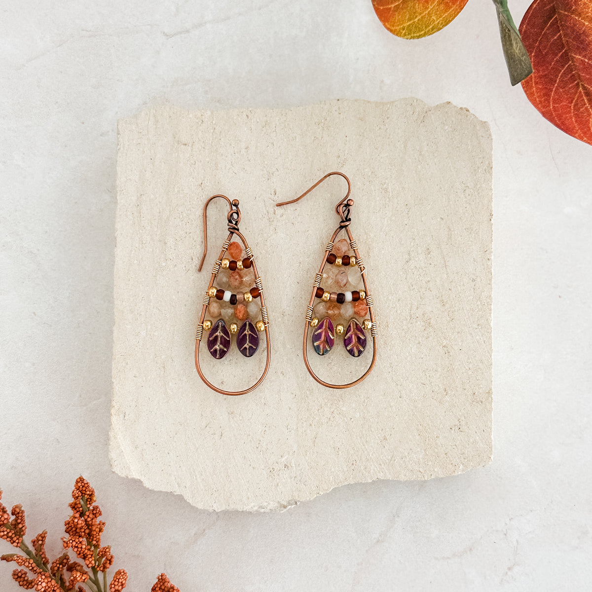 Copper Hoop Leave Earrings