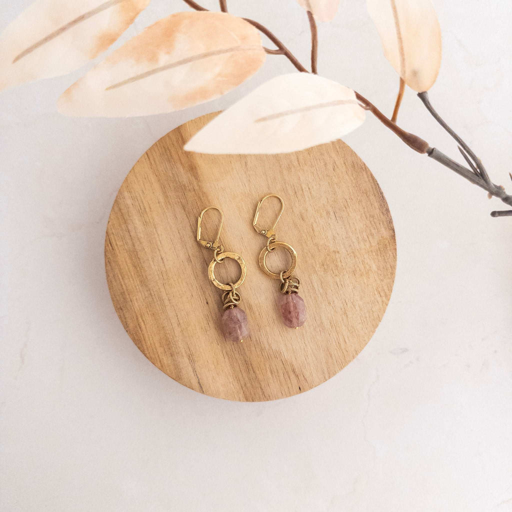 Strawberry Quartz Hammered Circle Earrings