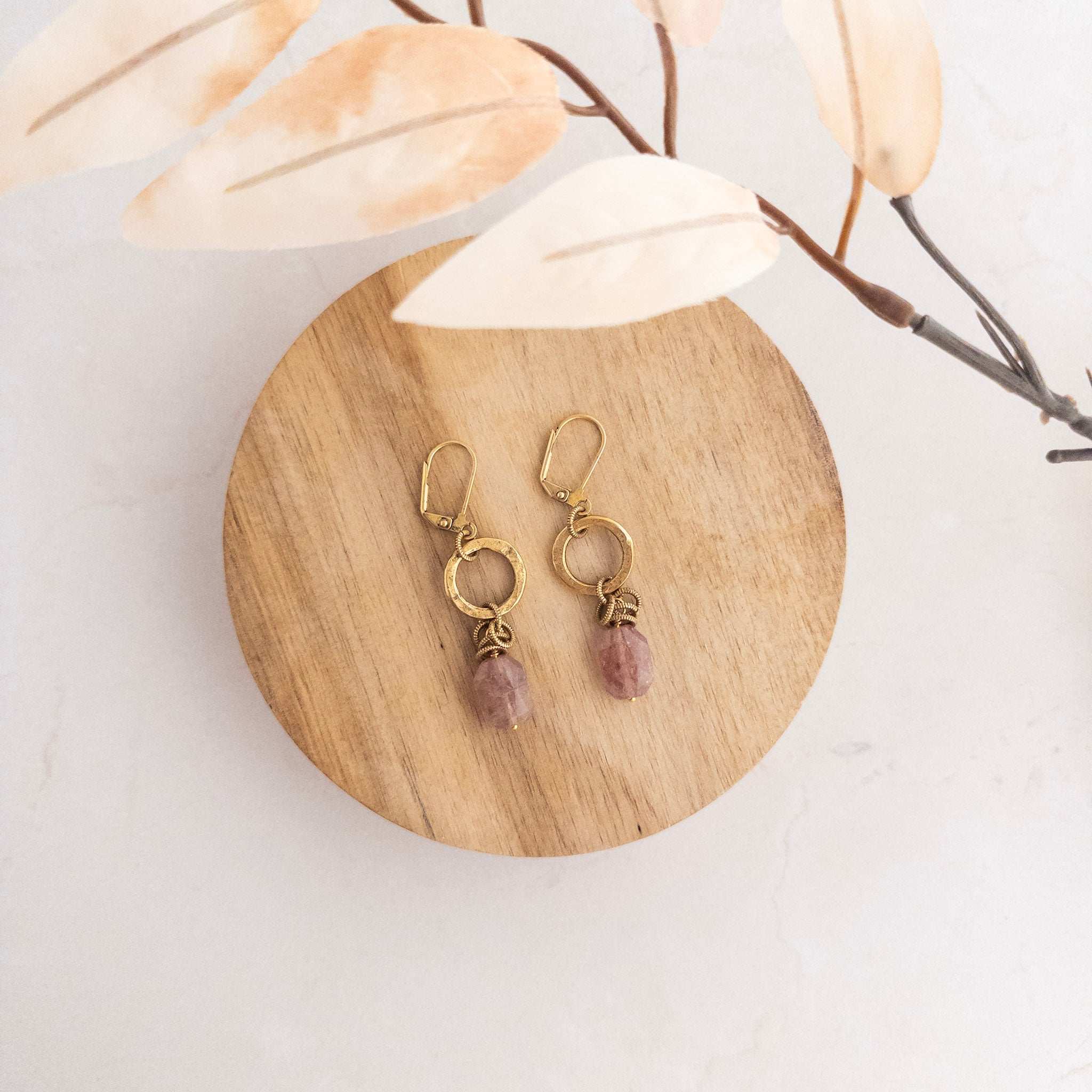 Strawberry Quartz Hammered Circle Earrings
