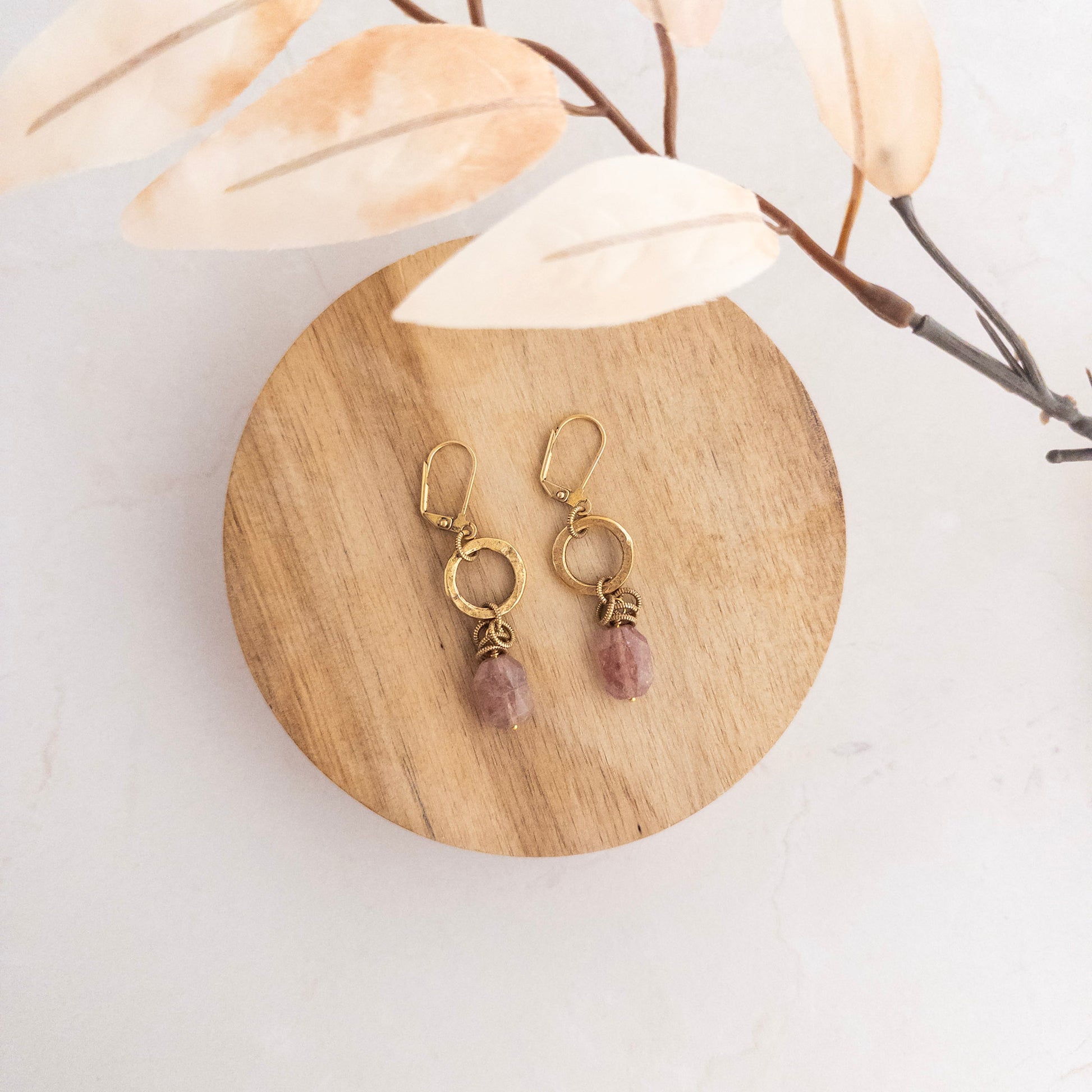 Strawberry Quartz Hammered Circle Earrings