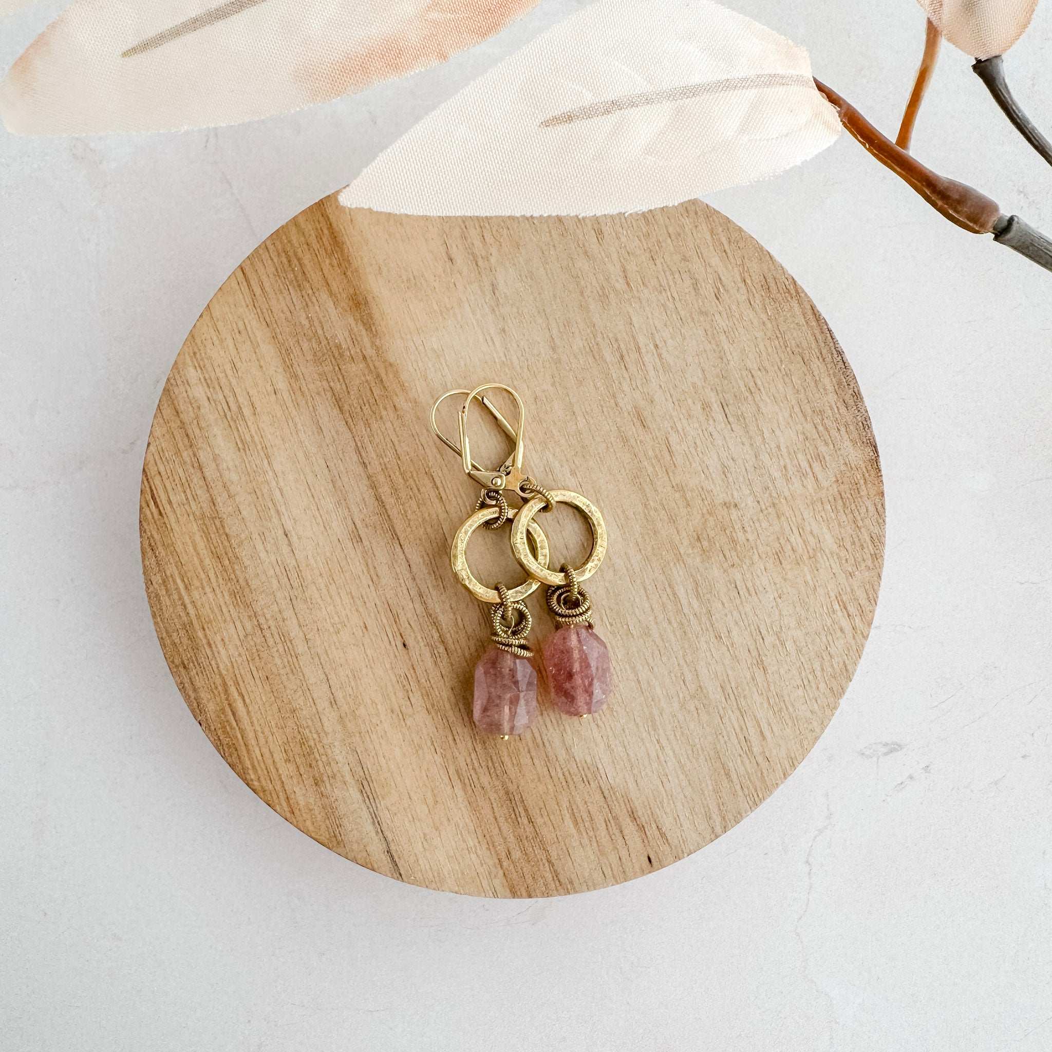 Strawberry Quartz Hammered Circle Earrings