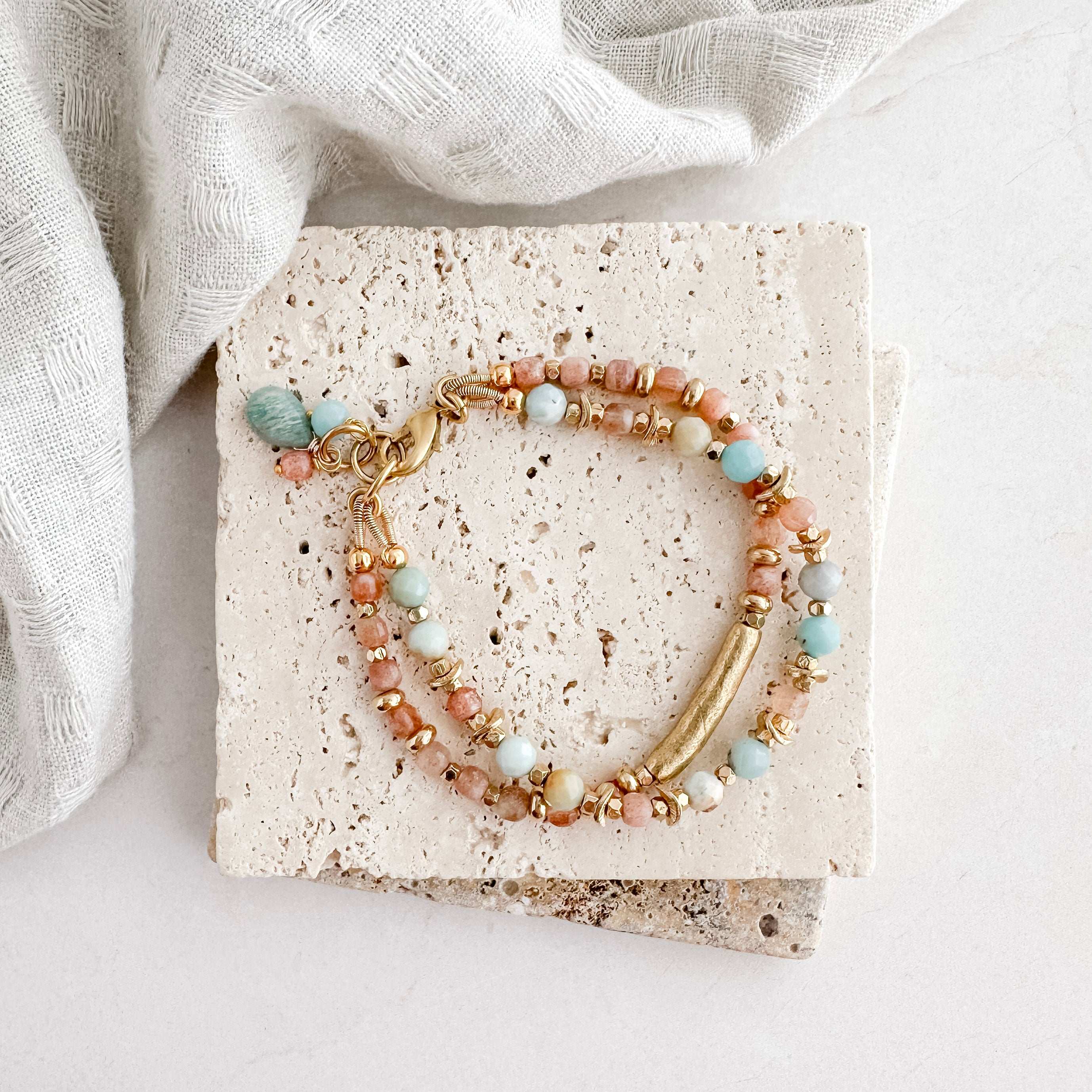Black Gold Amazonite and Sunstone Double Strand Bracelet
