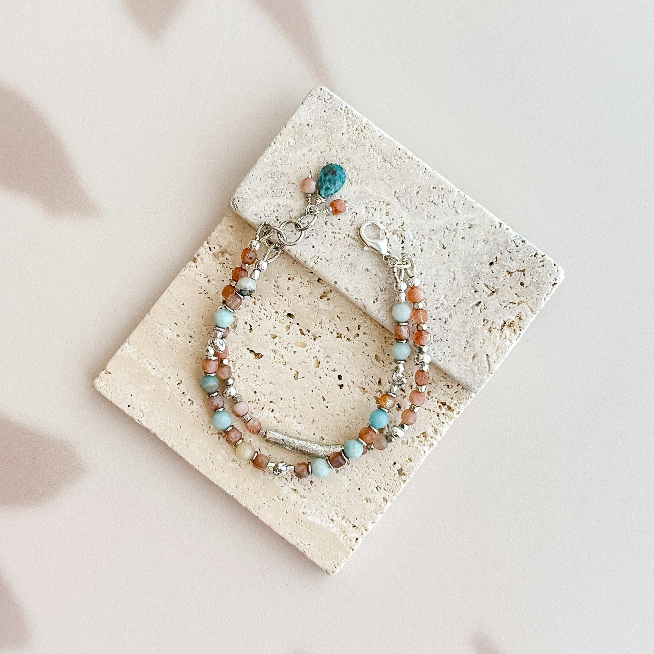 Black Gold Amazonite and Sunstone Double Strand Silver Bracelet