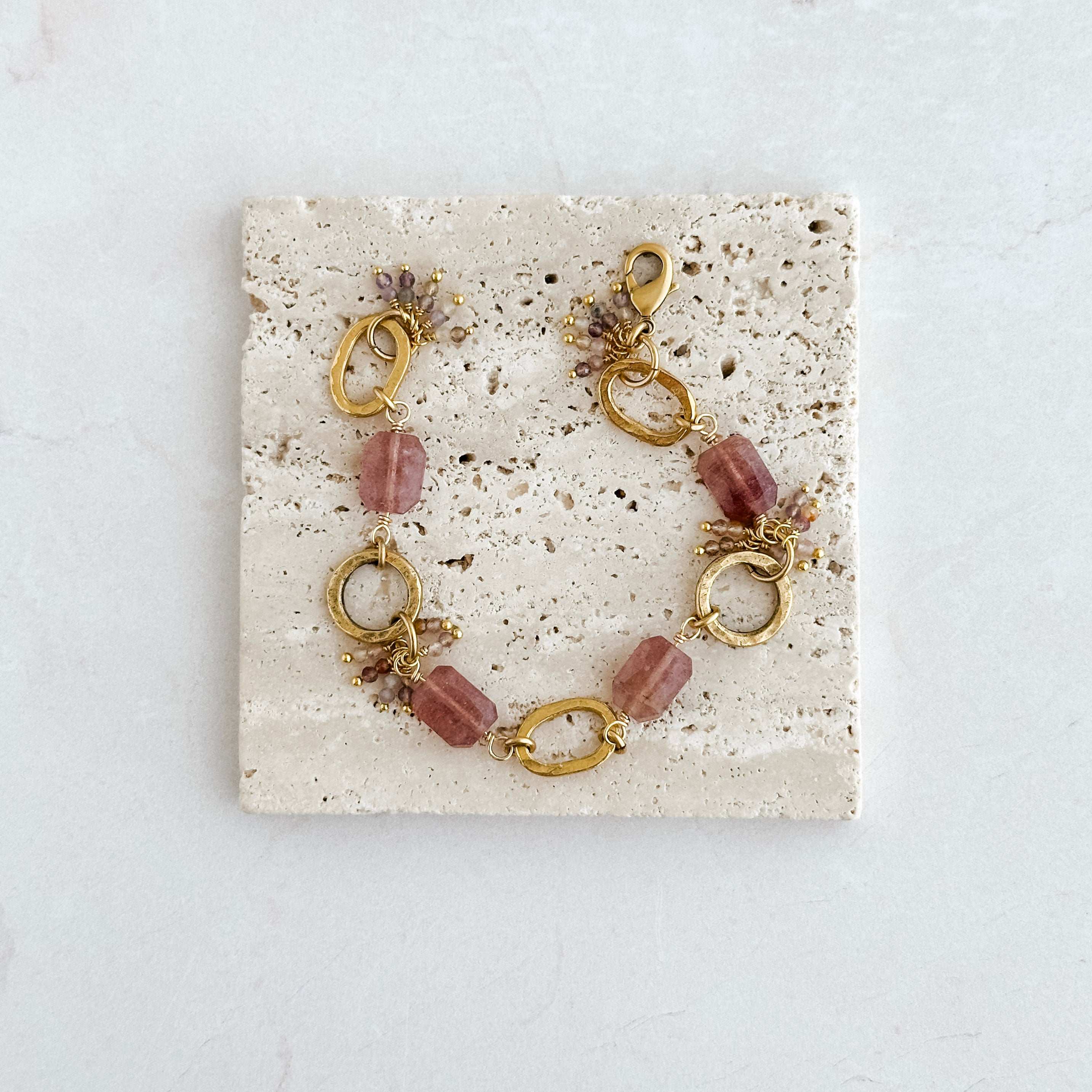 Strawberry Quartz Hammered Gold Bracelet