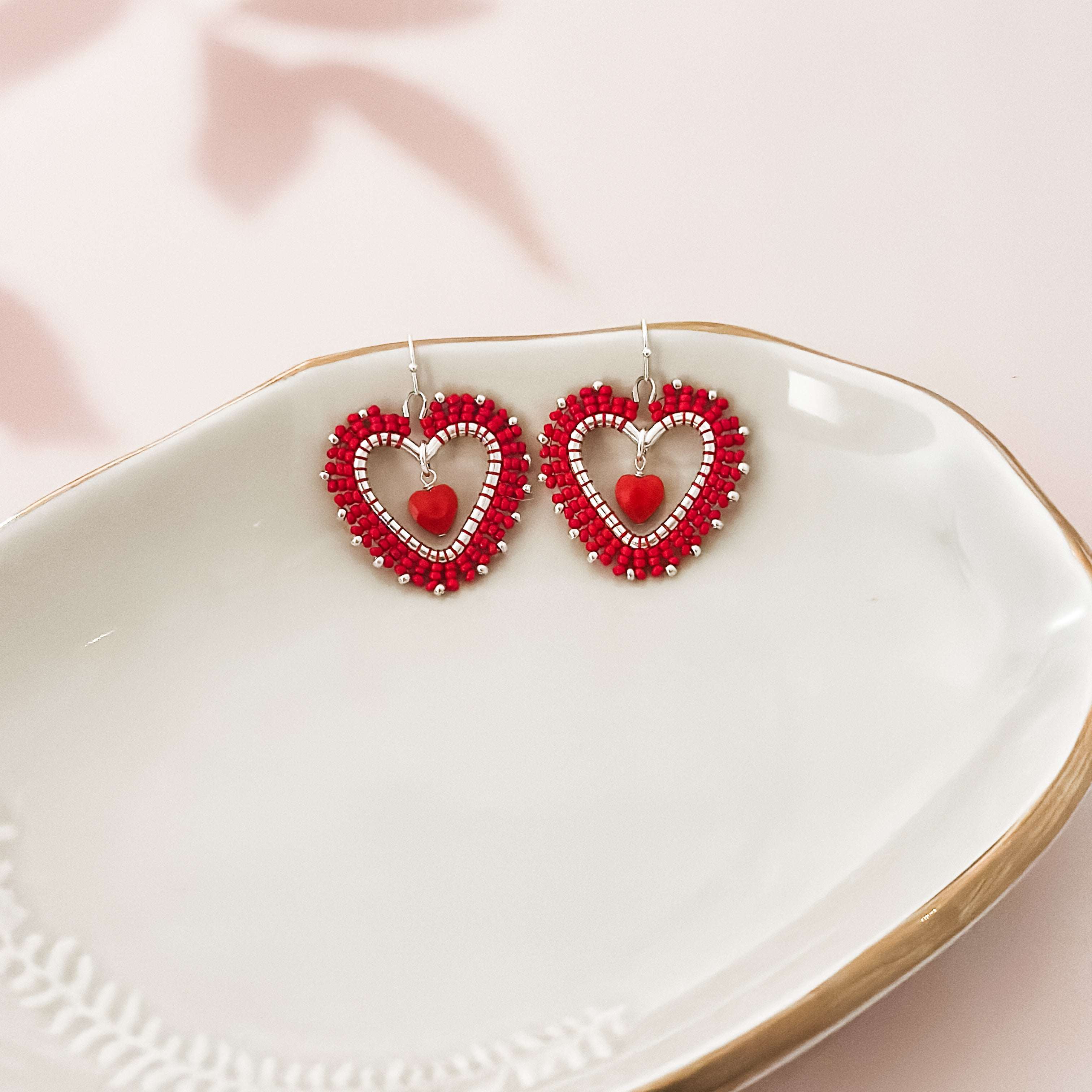 Red Stitched Beaded Love Earrings