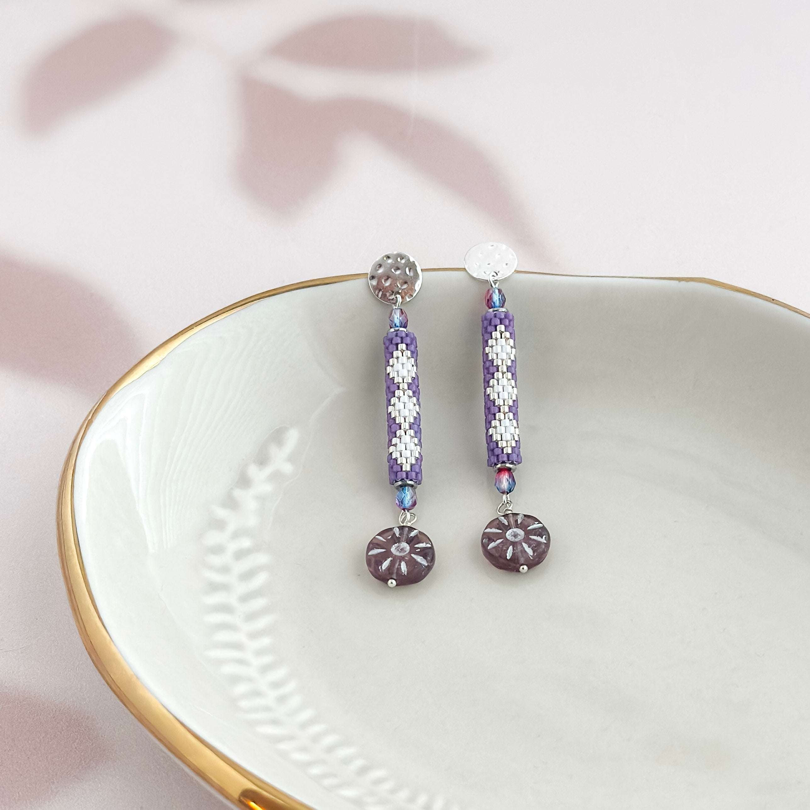 Peyote Purple Floral Dangle Earrings