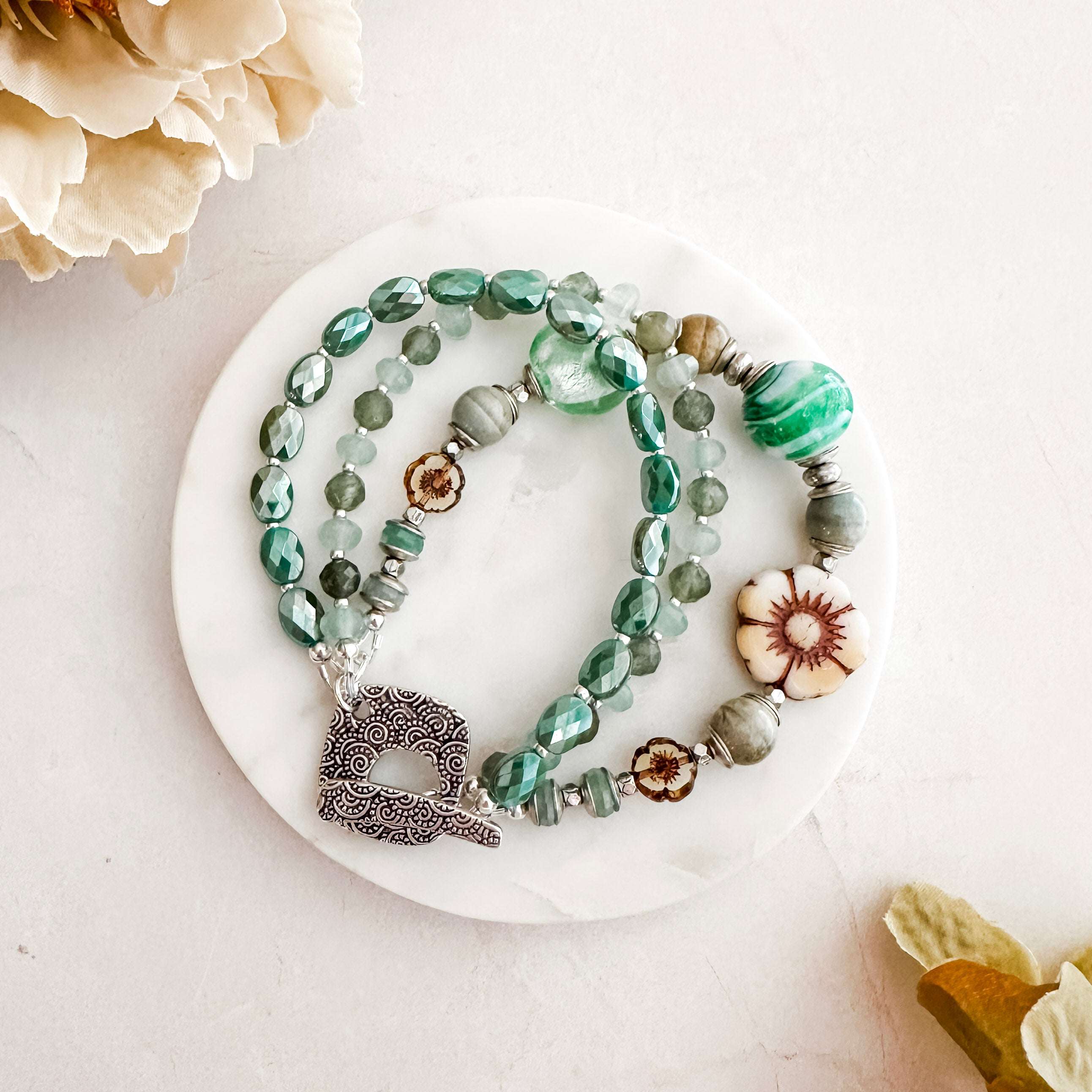 Spring Green Silver Floral Bracelet
