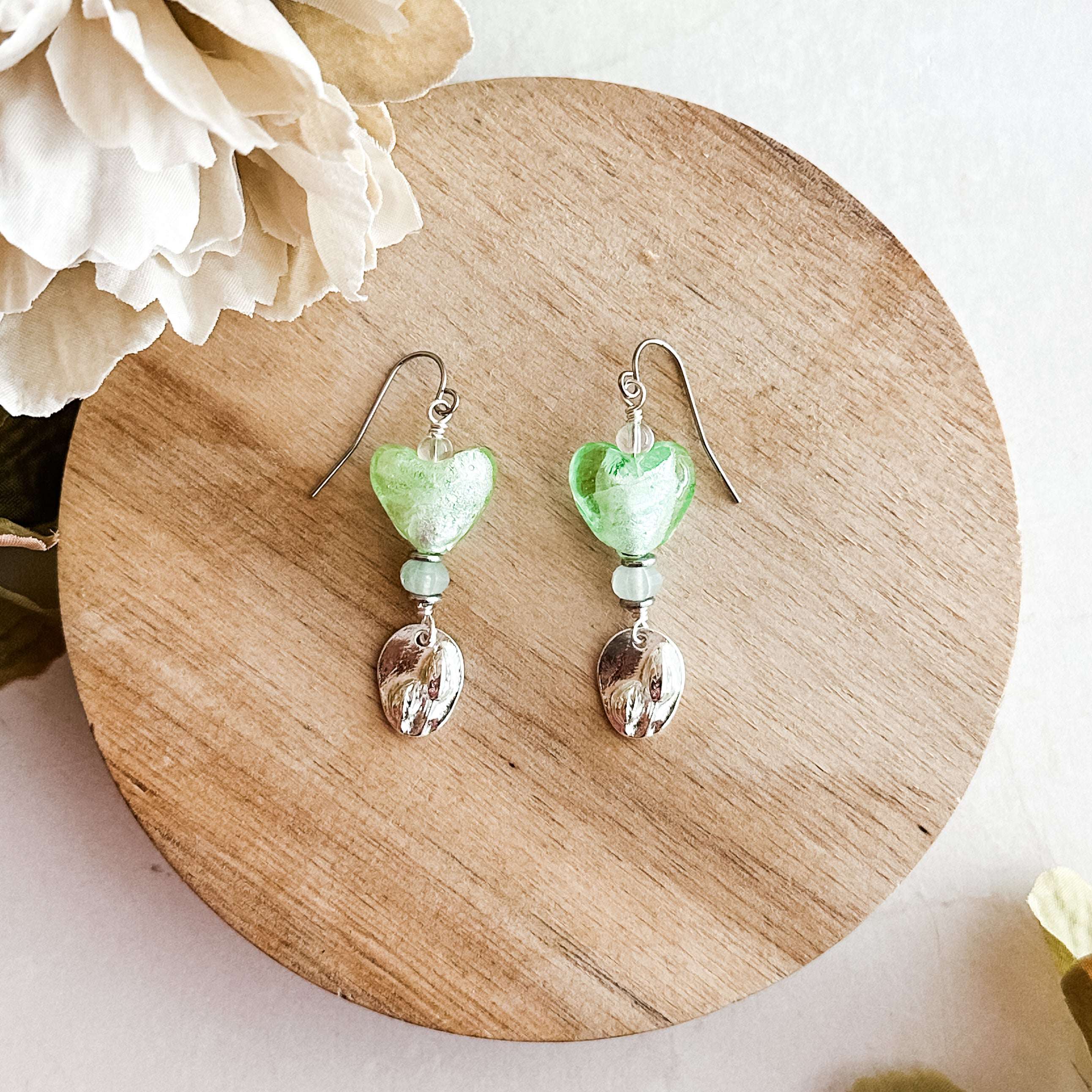 Spring Green Lampwork Heart Earrings