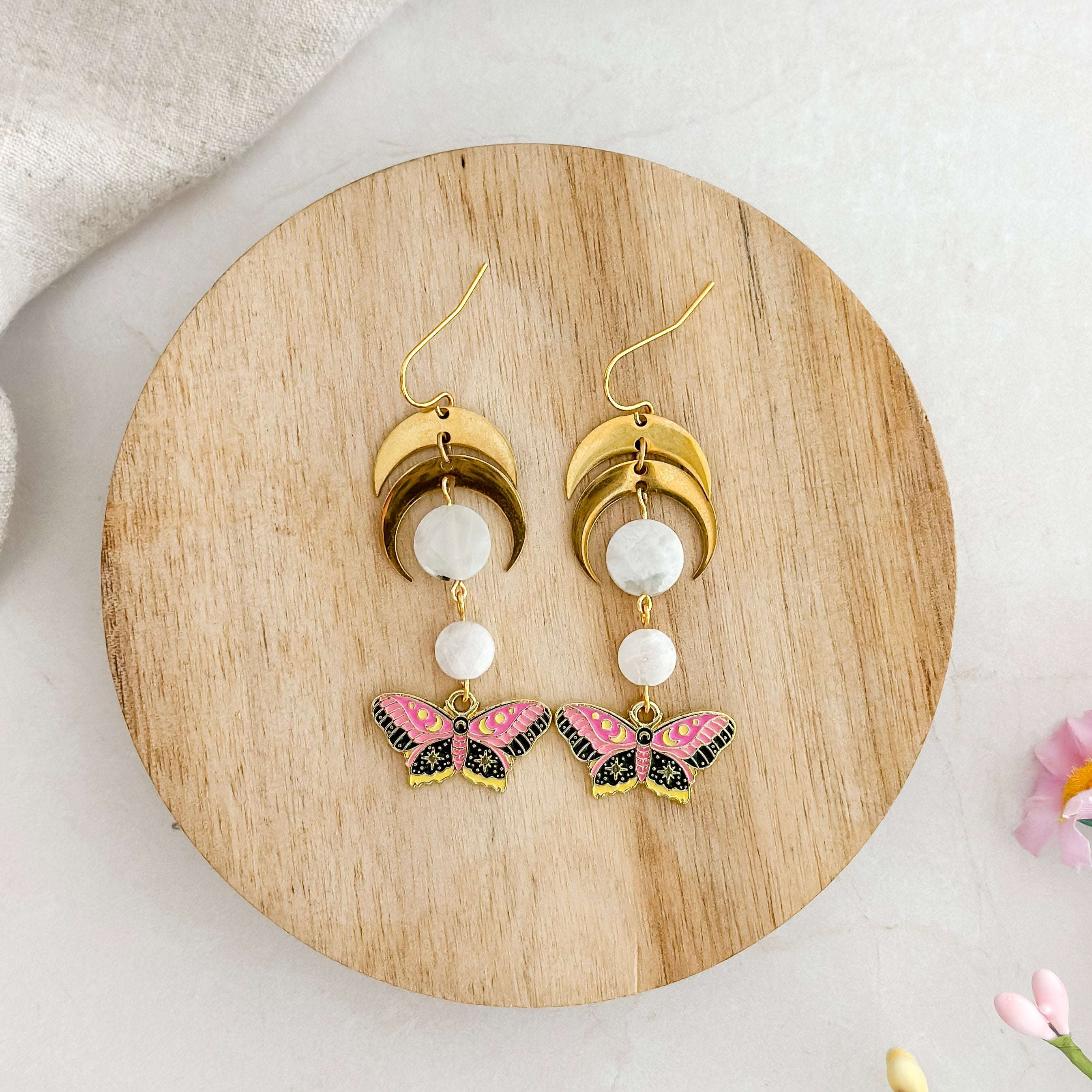 Pink Butterfly Moonstone Earrings