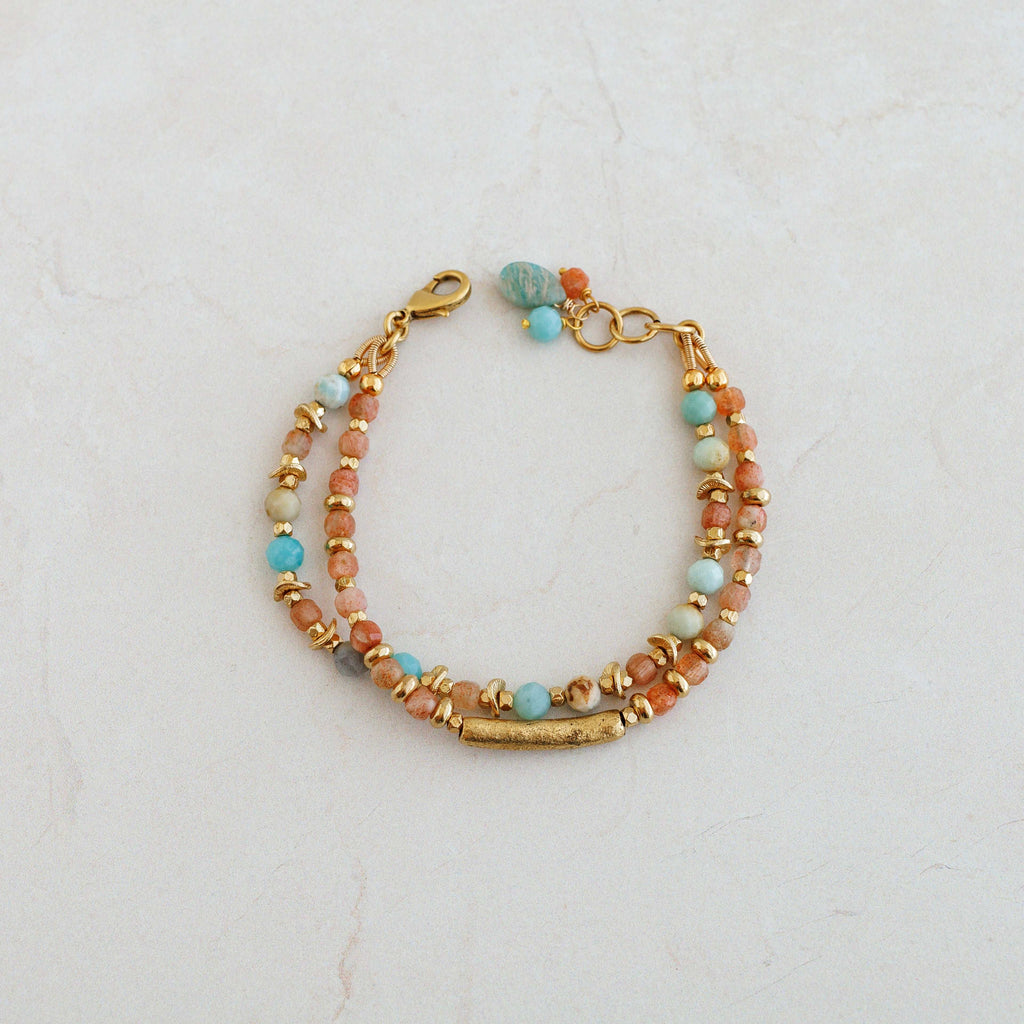 Black Gold Amazonite and Sunstone Double Strand Bracelet